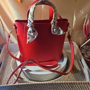 Estee Lauder Red Mini Bag with Floral Scarf Handles